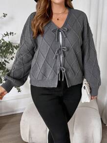 SHEIN Clasi Damen Strickjacke in Große Größen, Herbst/Winter Strickjacke mit Schleife vorne, grauer Lässig Alltagsanzug, vielseitige Strickjacke mit Schleife vorne, grauer Pullover, Schleife vorne, Winteroberteil, Winterpullover, Damenpullover für den Winter