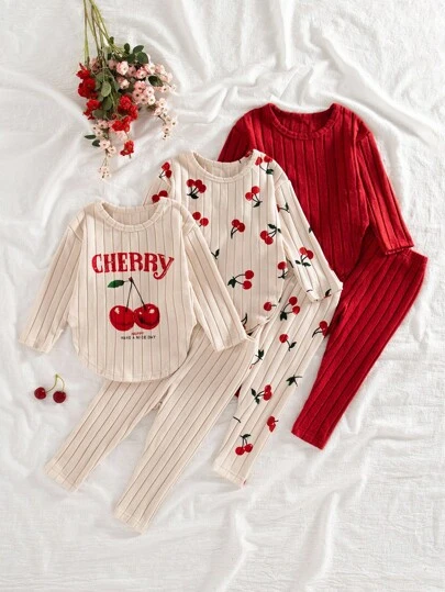 SHEIN Playful Pals 6 件套女婴秋冬新款罗纹针织面料杏色樱桃印花纯色服装，3 件套长袖上衣和裤子，时尚休闲可爱套装