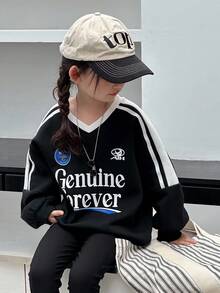 DAZY 女童V领艺术印花长袖卫衣，秋冬新款女童服装 - 黑色 - 查看 7