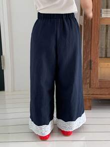 Dazy Kids 年轻女孩撞色蕾丝拼布阔腿牛仔裤 - 藍色 - 查看 6