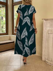 SHEIN LUNE Casual Minimalist Versatile Fresh Leaf Print Pattern Women's Dress, Spring/Summer Suitable For Going Out - Multicolor - View 2