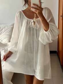 INAWLY Women's Casual Vintage Romantic Solid Color Round Neck Long Sleeve Dress Fall Cloth For Women - White - View 3