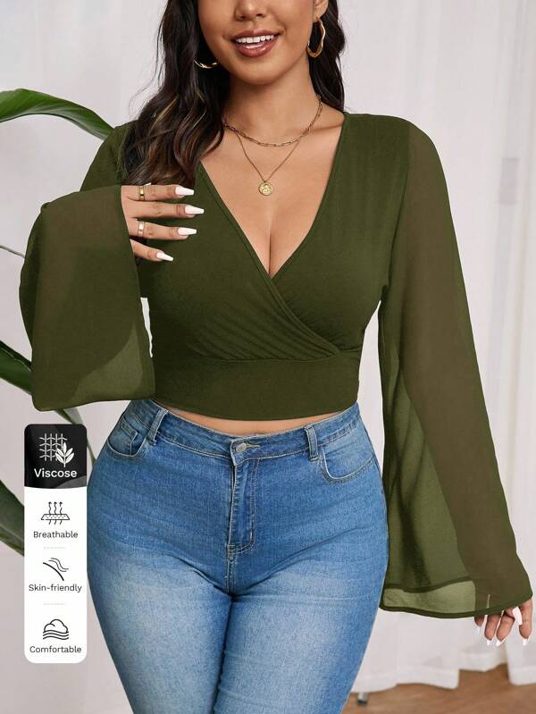 SHEIN Frenchy Große Größen Elegante, minimalistische Chiffon-Patchwork-Top mit Glockenärmeln für Damen, Herbst