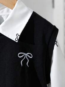 2 件套年轻女孩时尚蝴蝶刺绣背心 + 蝴蝶印花衬衫裙，休闲，适合日常、学校、春秋季 - 黑與白 - 查看 5