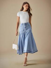 Selenza Women's Denim Ruffle Hem Skirt - Light Wash - View 2