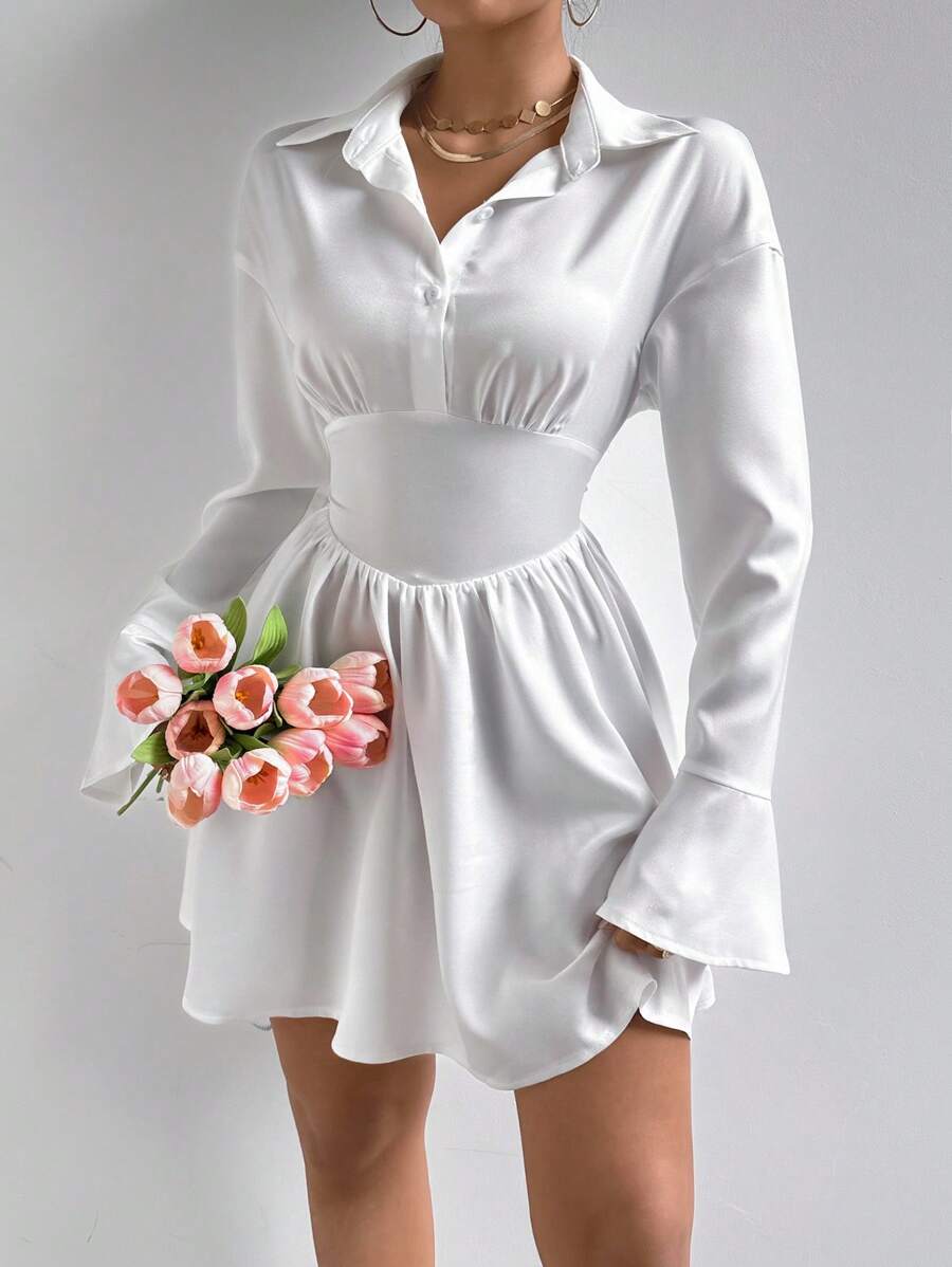 SHEIN Tall 女士时尚长袖腰带修身高腰中长连衣裙，秋冬 - 白色 - 查看 1