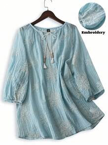 Linhara Women Plus Size Snow Flake Embroidered Tasseled Tie Front 3/4 Sleeve Loose Blouse