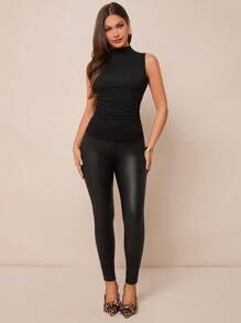 Amorya Top sin mangas de cuello alto con diseño de espalda plisada - Negro - Ver 4