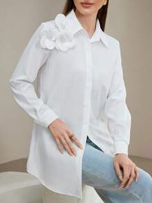 Veilorie 女式纯色 3D 花卉装饰长袖时尚衬衫 - 白色 - 查看 7