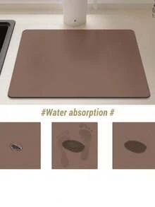 SHEIN 1 tấm thảm thoát nước nhà bếp siêu thấm hút, thảm lau bát đĩa chống trượt, thảm thoát nước khô nhanh, khăn trải bàn ăn, vòi nước, đồ ăn - màu nâu - Xem 5