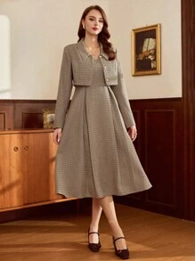 Vintamour 女式千鸟格长袖夹克连衣裙优雅两件套返校节婚礼宾客礼服女式度假服装秋季女装女式教师服装女式生日礼服返校节服装女式连衣裙优雅女式生日服装女式冬装秋装女式办公室服装女式西部工作服女式西部服饰女式工作服教堂服装圣诞节 - 棕色 - 查看 6