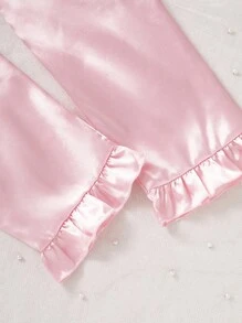 Bộ đồ ngủ 2 món tay dài thêu bèo nhún màu trơn và quần dài cho bé gái tuổi teen, mùa xuân và mùa thu - Màu Hồng baby - Xem 7