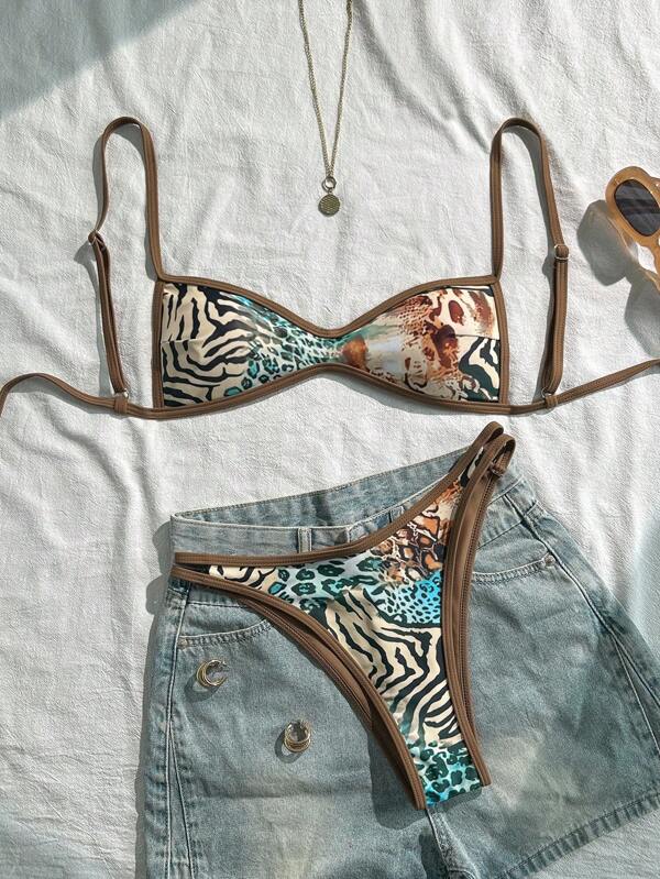 Swim Vcay Random Print Wireless Adjustable Strap Top & Shorts Women Summer Beach Holiday Bikini Set