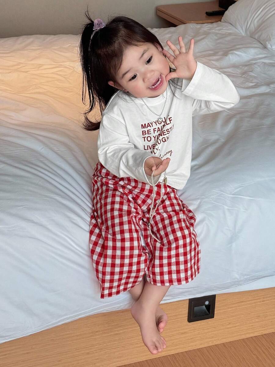 Dazy Kids 女婴圆领休闲字母印花长袖 T 恤、格子家居服、幼儿秋装 - 粉色 - 查看 1