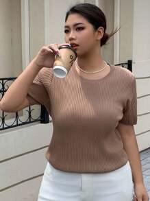 Dazy Plus Suéter holgado de punto de manga corta con cuello redondo y unicolor para mujer de talla grande - Caqui - Ver 5