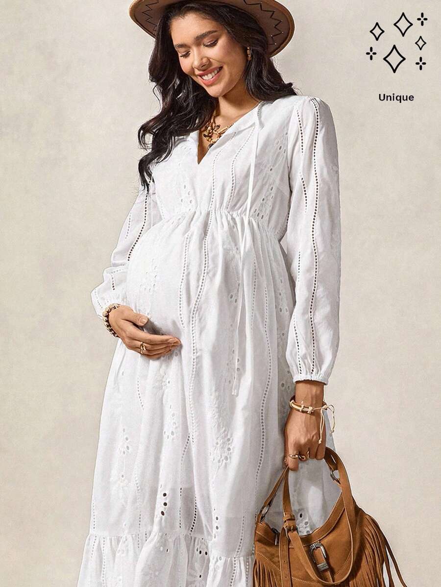 孕妇休闲纯色镂空刺绣长款度假连衣裙 - 白色 - 查看 1