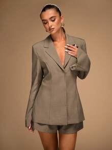 SHEIN BAE Women's Shades Of Brown Single-Breasted Lapel Long-Sleeved Suit Jacket,Autumn Winter Business Casual Office Summer Street Fashion Commuting Blazer - Mocha Brown - View 6