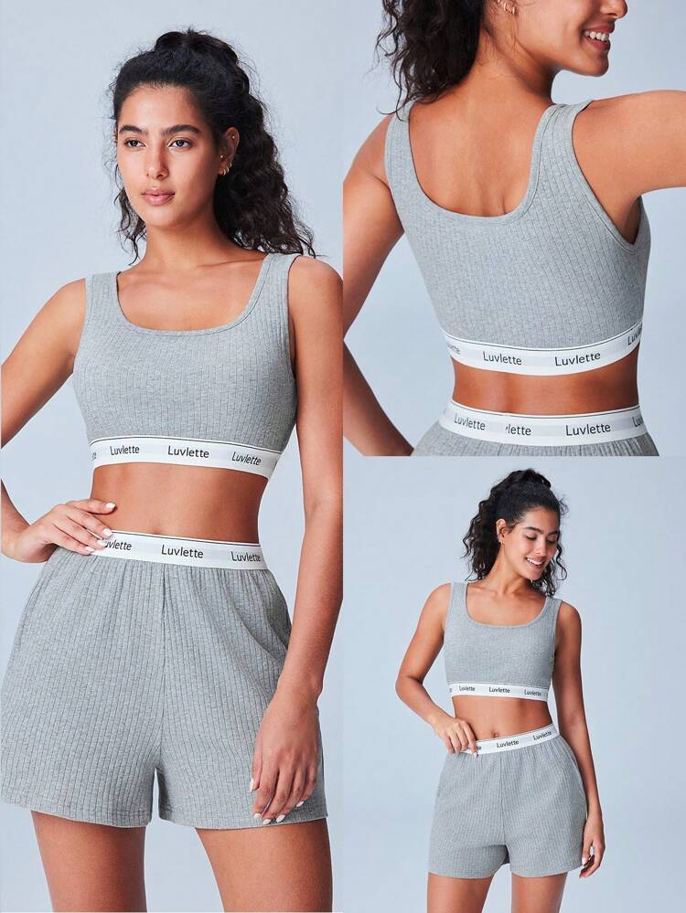 Conjunto de Pijama Casual Feminino Estilo Esportivo em Algodão Macio Cinza com Alças Embutidas, Parte Superior Casual e Shorts, Calça com Cintura Elástica e Bolsos, Conjunto de Roupas Íntimas para Exercícios