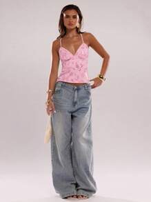 SHEIN BAE Áo hai dây họa tiết hoa sequin thanh lịch nhẹ nhàng dành cho nữ mùa hè - Màu Hồng baby - Xem 5