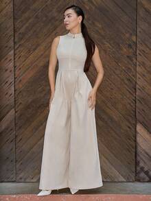 Andrea Bello Extreme Wide Leg Zip Front Sleeveless Jumpsuit