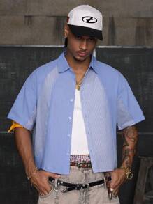 AXEPEAK 男士夏季条纹短袖单排扣休闲衬衫 - 藍色 - 查看 3