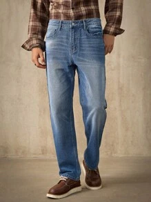 Manfinity Homme 男士中蓝色宽松直筒牛仔裤 - 中等水洗藍 - 查看 7