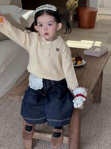 DAZY Sweter z długim rękawem i kołnierzykiem dla dziewczynek, w stylu college'owym, na jesień i zimę - Beżowy - Zobacz 3