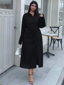 Dazy Plus Plus Size Women's Solid Color Lapel Oblique Placket Side Slit Long Sleeve Casual Mid-Length Dress - Black - View 4