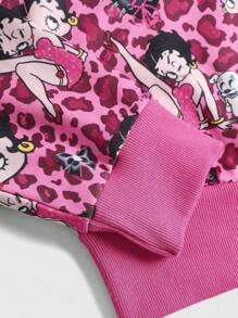 Betty Boop | ROMWE Áo hoodie nữ cổ điển họa tiết da báo đính đá Y2K có khóa kéo - Hồng - Xem 4