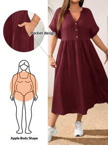 SHEIN Essnce Váy dài vừa phải, cổ chữ V, tay ngắn, chất liệu vải đen họa tiết, thời trang xuân hè cho nữ, rộng rãi, thoải mái, mặc hàng ngày, cỡ lớn, có túi, trang phục mùa hè cho nữ, váy công sở, váy đen cong, trang phục đi nhà thờ cho nữ - Màu Đỏ Sâu - Xem 1
