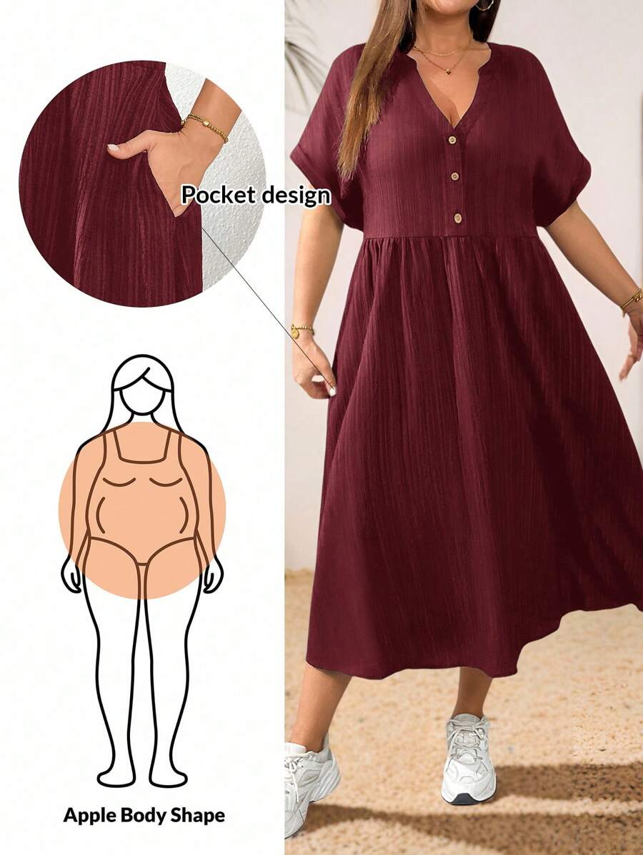 SHEIN Essnce Váy dài vừa phải, cổ chữ V, tay ngắn, chất liệu vải đen họa tiết, thời trang xuân hè cho nữ, rộng rãi, thoải mái, mặc hàng ngày, cỡ lớn, có túi, trang phục mùa hè cho nữ, váy công sở, váy đen cong, trang phục đi nhà thờ cho nữ - Màu Đỏ Sâu - Xem 1