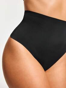 SHEIN Women's Black High Waisted Shapewear Thongs Medium Stretch Knitted Fabric Comfy Casual Long Plain Plus Size Underwear