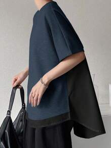 FRIFUL Camiseta de manga corta con cuello redondo, holgada, de material de vacaciones, con parches de colores contrastantes y bajo asimétrico, para uso casual en verano - Azul Marino - Ver 3