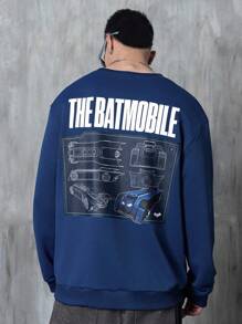 BATMAN X SHEIN Men's Casual Everyday Letter & Bat Print Crew Neck Sweatshirt Men Blue Sweatshirt Navy Blue Sweatshirt Batmobile Sweatshirt Men Graphic Sweatshirt - Blue - View 4