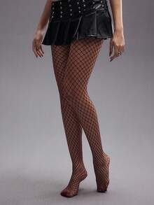ROMWE Grunge Punk 1 Pair Women Gothic Multi-Color Mesh Stockings, Suitable For All Seasons - Burgundy - View 3