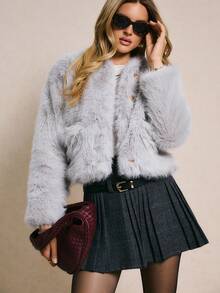 Poéselle Women's Knitted Single-Breasted Short Faux Fur Coat, Women's Winter Coat, Women's Winter Coat, Women's Winter Coat, New Year , Party, Business Casual Woman, Old Money, Elegant Women, Classy For Women, Fall Winter - Light Grey - View 4