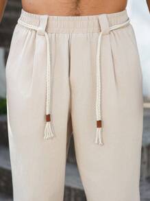 Manfinity RSRT 男士长款纯色卡其色梭织面料裤子，宽松版型，实用口袋，男士休闲裤，宽松直筒裤，抽绳裤，米色亚麻裤，男士亚麻裤，秋季