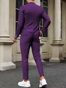 Calvornis 男士纯色翻领长袖西装外套和裤子薰衣草色婚礼西装，Old Money - 紫色 - 查看 2