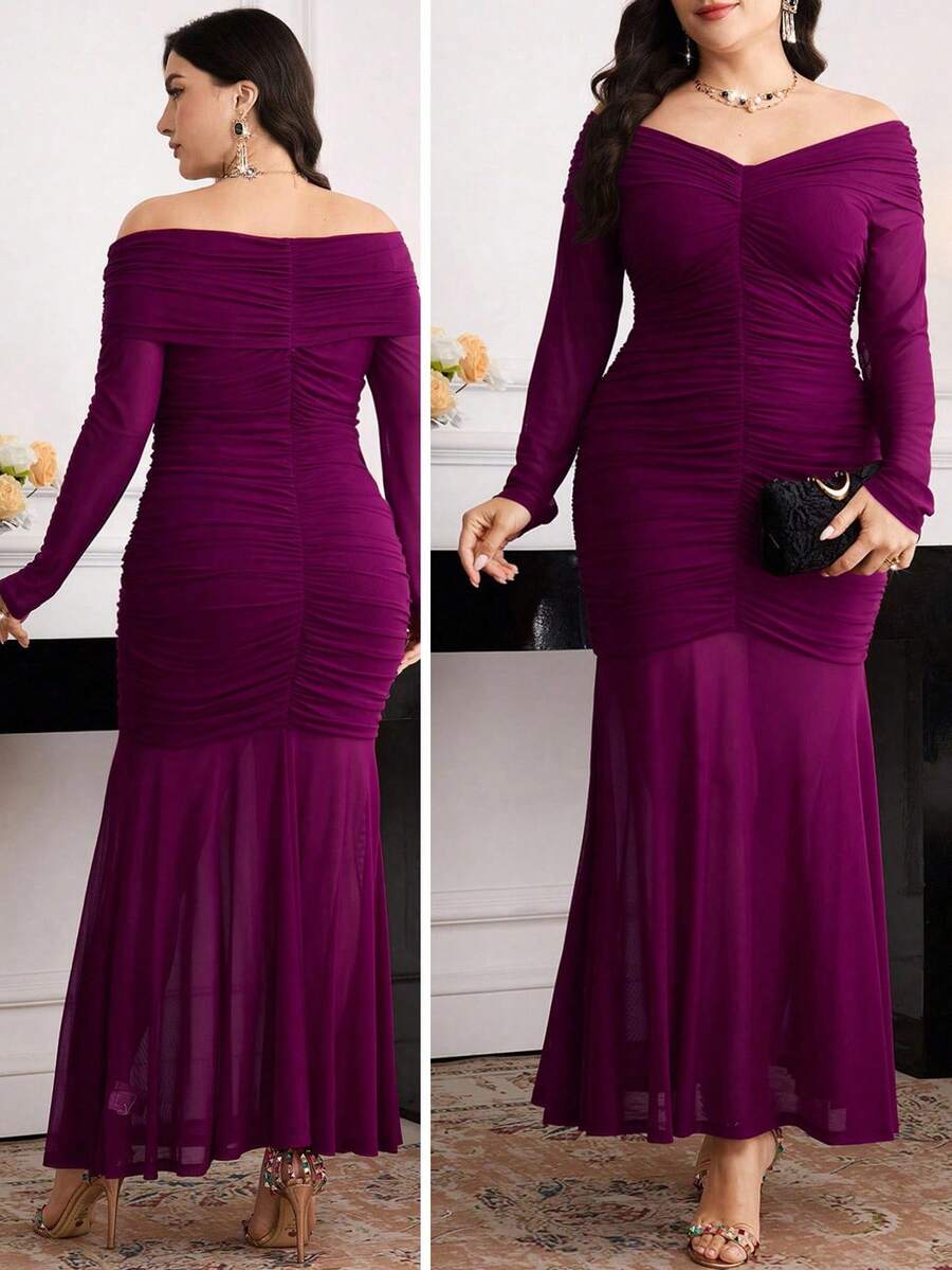 Modelyn Plus Size Elegant Solid Color Off Shoulder Fishtail Dress