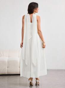 NOVVYNE 女式不对称荷叶边下摆露背连衣裙，优雅魅力，浅黄色，春夏 - 白色 - 查看 2