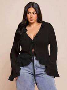 Hourglow Áo cánh voan thanh lịch đầu xuân cỡ lớn dành cho nữ, tay dài, viền bèo nhún, thích hợp cho những buổi hẹn hò lãng mạn, tụ tập bạn bè, hoạt động nghỉ dưỡng và những buổi đi chơi duyên dáng hàng ngày - màu đen - Xem 4