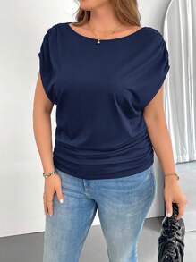 SHEIN Essnce Áo thun ngắn tay dáng ôm thoải mái, rộng rãi, đa năng dành cho nữ cỡ lớn, thời trang xuân hè, kiểu dáng đơn giản, thích hợp mặc đi làm, áo mùa hè kiểu châu Âu, áo đi nhà thờ, áo dành cho giáo viên, áo đi nghỉ mát. - Màu xanh hải quân - Xem 4