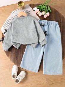 Genkimix Kids Kleine Mädchen Lässig Collegestyle Schleife Sweatshirt und Jeans Set