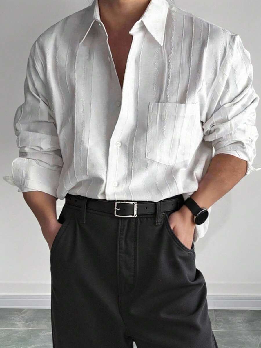 Manfinity Dauomo Áo sơ mi dài tay trơn màu thường ngày dành cho nam - trắng - Xem 1