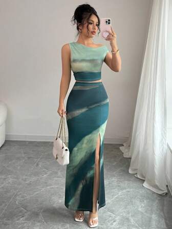 Rafferiza Kvinnors Tie-De asymmetrisk hals avskuren topp och Bodycon Mini kjol 2 delar set