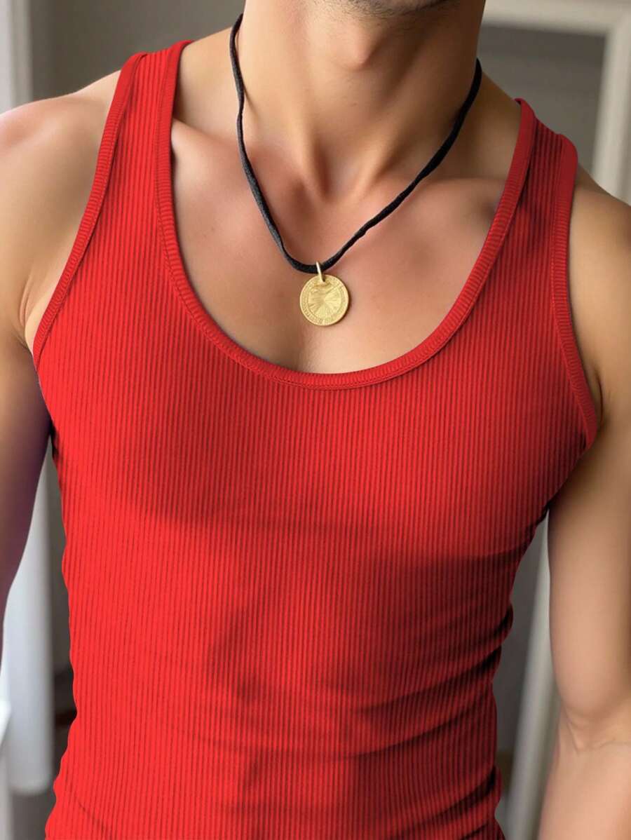 Manfinity Dauomo Áo thun nam cổ tròn màu trơn mùa hè dáng rộng thoải mái - Đỏ - Xem 1