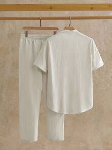 HIMLAND 2 件男士休闲 V 领短袖梭织衬衫和裤子亚麻套装，夏季、复古、舒适服装 - 杏色 - 查看 2