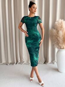 Lavishia Green Floral Print Round Neck Short Sleeve Women Dress Women Elegant Dresses Women Dresses Green