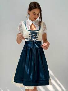 Aloruh 2025 新款啤酒节连衣裙巴伐利亚啤酒节传统服装绿色女式连衣裙蕾丝连衣裙啤酒节连衣裙女式波尔卡圆点印花拼布花卉刺绣网眼下摆无袖优雅连衣裙 - 藍色 - 查看 3