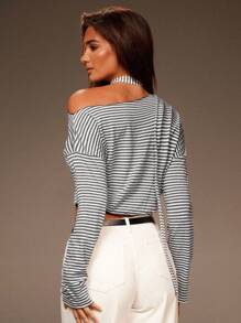 Athîral Áo thun nữ tay dài cổ trễ vai họa tiết sọc bất đối xứng, dáng croptop thường ngày - Nhiều màu - Xem 4